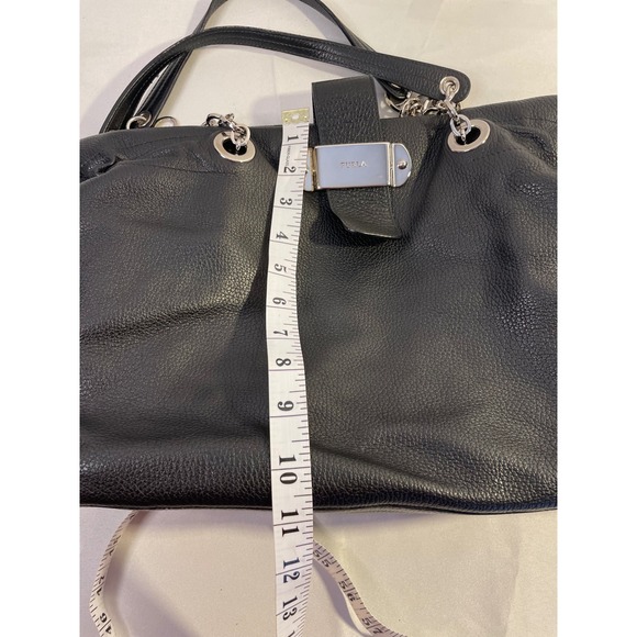 Furla Black Pebbled Leather Tote Bag Silver Chain Shoulder Strap Slouchy Hobo - Picture 13 of 15